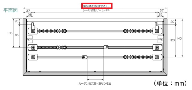 【カーテンレール TOSO】 グラビエンス 交叉ダブルセット 平面図寸法